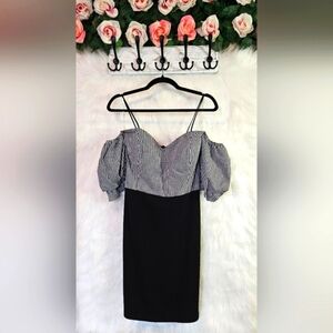 Entry Gingham Off-Shoulders B&W Mini Dress